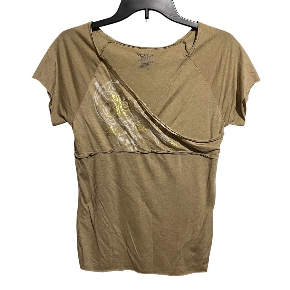 Reebok Women's Faux Wrap Short Sleeve T-Shirt Size Medium M Tan Gold